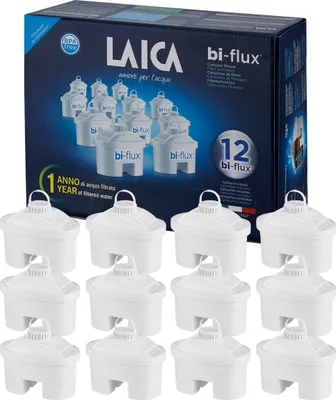 A box of LAICA bi-flux water filter cartridges with several cartridges displayed in front of the box.