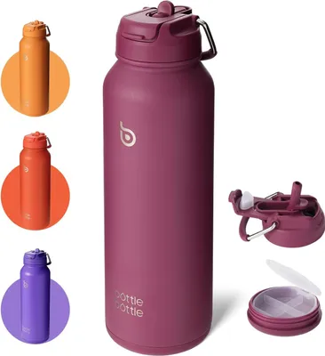Produktbild von bottlebottle Sport-Trinkflasche, Edelstahl, isoliert, mit Strohhalm und Pillenhalter, 1l (Rot)