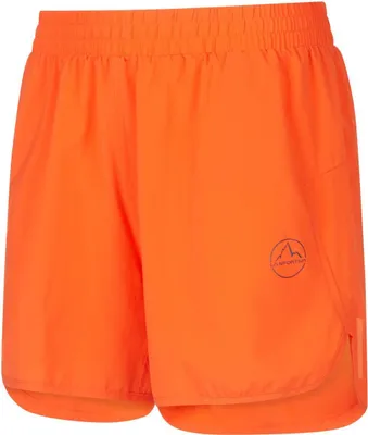 Orangene Shorts "Sudden Short W" von La Sportiva; ideal für Damen; mit elastischem Bund und seitlichen Schlitzen.