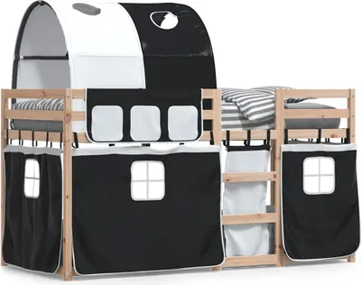 Produktbild von vidaXL Etagenbett mit Vorhängen Weiß & Schwarz 90x190 cm Kiefernholz