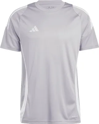 A grey Adidas t-shirt with white stripes on the sleeves and sides.