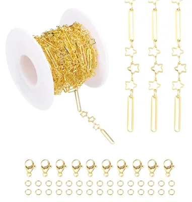 Hohle Sterne Clip-Kette 5 m goldfarben mit Karabinern & Ringen