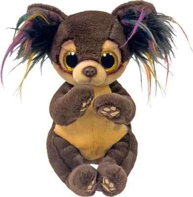 A plush toy dog sitting against a white background.