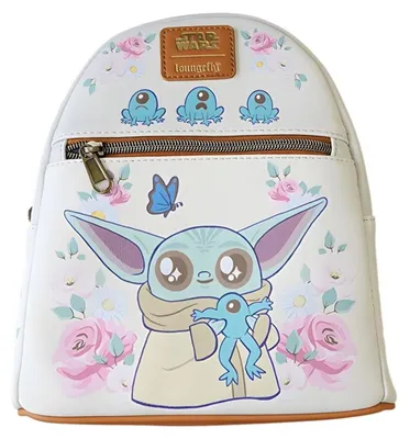 Imagen del producto de Mochila Loungefly de Star Wars, diseño de Grogu (el Niño) con ranas, detalles en marrón, 26 cm