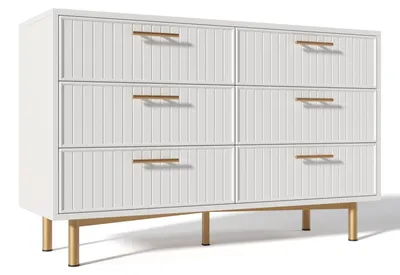 Imagen del producto de Buffet blanco con diseño rayado, 6 cajones, detalles dorados, dimensiones: 120x75x40 cm