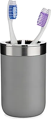 Produktbild von ZAHNPUTZBECHER Ø7,5cm Weiss aus Kunststoff Edelstahl Zahnbürstenhalter Zahnbürsten Zahnpasta Zahncreme Badbecher Becher Halter (Grau - 09)