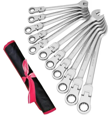 Produktbild von Ratschenschlüssel Set 11tlg 8-19 mm 72 Zähne Gelenkkopf CR-V mit Rolltasche