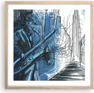 Produktbild von Gerahmtes Poster - Rahmen in heller Eiche - Saxophon Musiker Zeichnen - 50x50 cm - Wand Bild - Wanddeko - Wandbilder - Wandposter - Bilderrahmen - Bilder - Kunstdruck - Wandbild - P2NAC50x50-4148