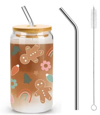 Weihnachtsglas 500 ml mit Lebkuchenmann, Deckel & Strohhalm