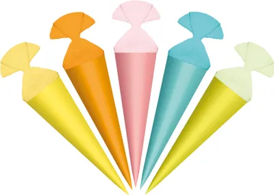 Produktbild von 5er Set Schultüten klein 22 cm verschiedene Farben rund mit Kreppverschluss Deko