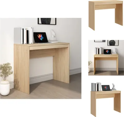 Collage of a simple wooden desk in different settings and angles.