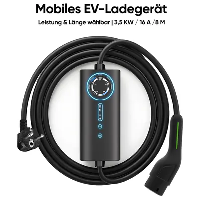Obrázok produktu pre Prenosná nabíjačka pre elektromobily typu 2, 3,5 kW, prenosná nabíjacie stanica so zástrčkou Schuko, nastaviteľný nabíjací prúd 6–16 A s funkciou časovača, 8 m, pre elektromobily a plug-in hybridy