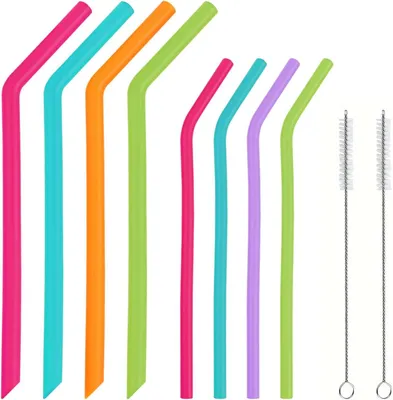 Productafbeelding van Herbruikbare siliconen rietjes - Set van 8 - Kleurrijke bocht drinkrietjes met 2 reinigingsborstels - Vervangende flexibele drinkrietjes - Smoothie