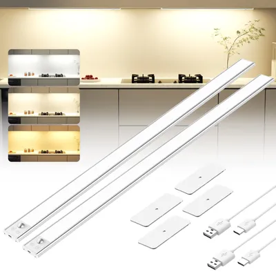 Produktbild von OUILA Unterbauleuchte Küche Led 60CM Schrankbeleuchtung mit Bewegungsmelder 3 Farben Dimmbar Schrankleuchte LED USB-C Wiederaufladbar Lichtleiste für Küche Kleiderschrank Treppe Schrank 2 Stück