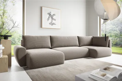 Produktbild von Ecksofas in U-Form ANTONIO MINI BOSS XL 385x153cm, Wohnlandschaft mit Schlaffunktion & Bettkästen, Eckarniutur / Bezug - Cord in Dunkelbeige