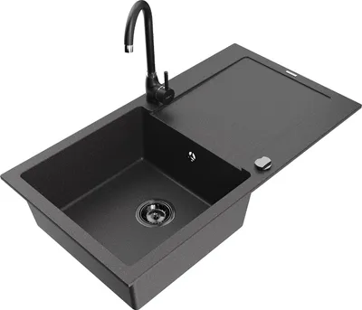 Produktbild von Mexen Leo 1 Becken-Granitspüle mit Abtropffläche und Mischbatterie Telma, Schwarz gesprenkelt - 6501-76-670200-70-B