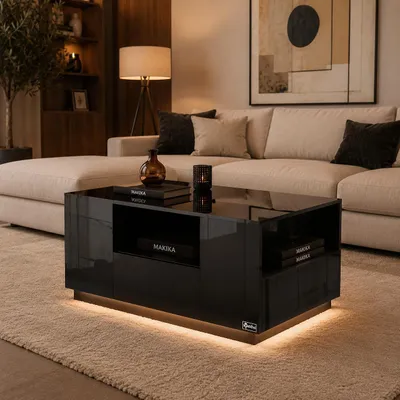 Zdjęcie produktu dla Stolik kawowy LED Makika / Designerski stolik do salonu ze schowkiem i szufladami - Czarny wysoki połysk
