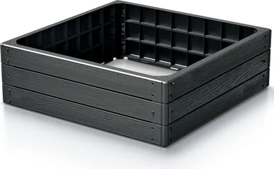 A dark gray, wood-grain textured raised garden bed.