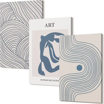 Produktbild von Wandbild – Leinwandbild – Leinwandbilder – Polycanvas – Kunstdruck – Modern – Panorama – Mehrteilig – 3-Teilig Set – Hochwertig – Lichtecht – Geruchslos – 20x30 Cm Je Element - Abstrakte Muster aus Linien und Formen in Blautönen