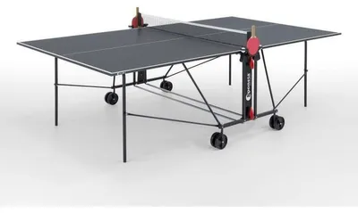 Image de Table de ping-pong compacte pour intérieur, de la marque SPONETA : gris/noir, pliable, avec un cadre en acier de 25 mm et 4 roulettes