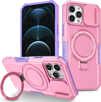 Produktbild von Handyhülle für iPhone 12 /iPhone 12 Pro Kompatibel mit MagSafe, Robuste Hülle mit Schiebe Kamera Schutz, Magnetischer Ringständer Pink