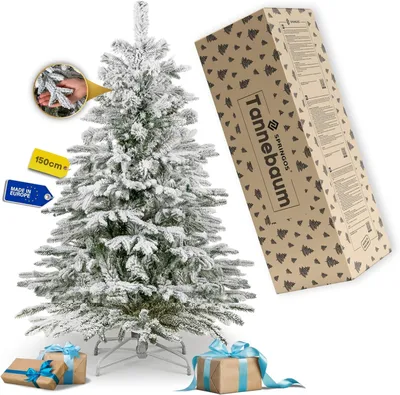 Produktbild von Springos® Premium Weihnachtsbaum 150 cm, schneebedeckte Tanne wie echt — 206 Spitzen, stabiler Metallständer, Christbaum mit Schneeoptik