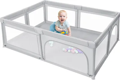 Produktbild von Baby Laufgitter Faltbar,Rutschfester Absperrgitter mit Atmungsaktive Netz,Große Sicherheitsspielplatz 205x147x66cm Hellgrau