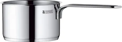 A close-up studio shot of a stainless steel saucepan with a single handle.