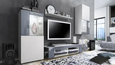 Produktbild von Vladon Wohnwand Movie, Anbauwand bestehend aus 1 TV-Board, 2 Vitrinen und 1 Regal, Weiß matt/Weiß matt/Grau Hochglanz, inkl. LED-Beleuchtung weiß (Gesamt: 300 x 190 x 39 cm)
