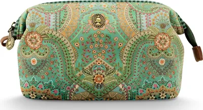 A cosmetic purse with a detailed paisley pattern.