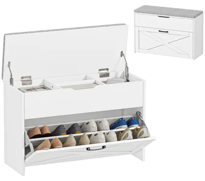Obrázok produktu pre HOMCOM, lavica na topánky s výklopným zásuvkou a úložným priestorom, kapacita 6 párov topánok, rozmer 80x30x55 cm, biela