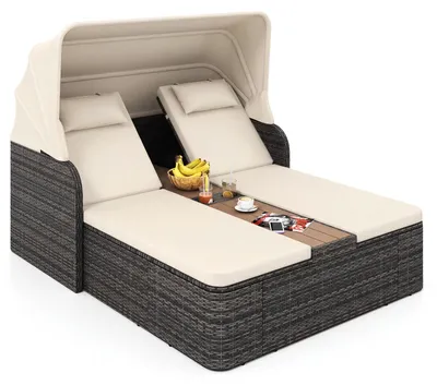 Produktbild von COSTWAY Doppelliege Polyrattan für 2 Personen, Gartenliege mit Dach, verstellbaren Rückenlehnen, Auflage & mittlerem Tisch, Sonnenliege Loungebett