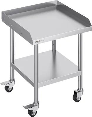 A stainless steel work table with wheels and two shelves, shown against a white background.