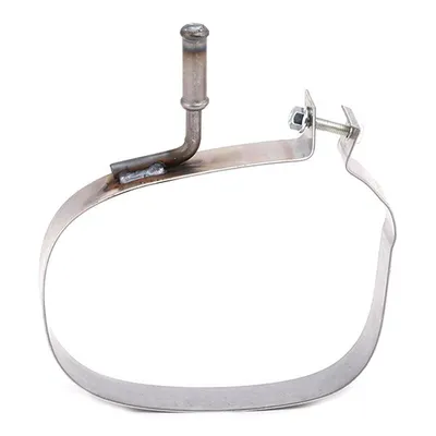A metal exhaust hanger with a small pipe attached, shown against a white background.