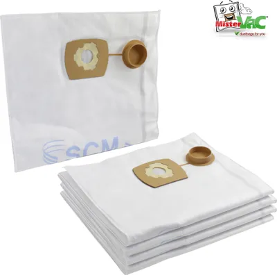 A stack of white vacuum cleaner bags and one bag shown individually, with a logo in the top right corner.