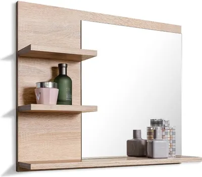 Produktbild von Badspiegel mit Ablagen, Badezimmer Spiegel, Wandspiegel, Badezimmerspiegel, Eiche Sonoma, L