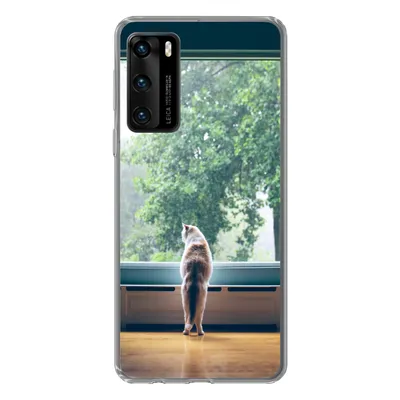 Produktbild von MuchoWow® Handyhülle Schutzhülle Hülle für Huawei P40 Katze - Fenster - Pflanzen Silikon Softcase Handy Hülle - Handytasche