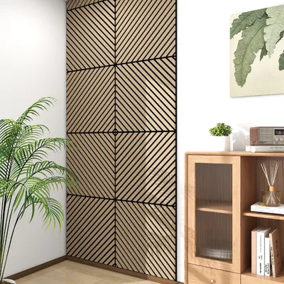 Obrázok produktu pre 3D akustický nástenný panel, sada 4 ks „Vang“ s diagonálnymi lamelami, diagonálne 1,44 m², vzhľad orechového dreva, svetlý