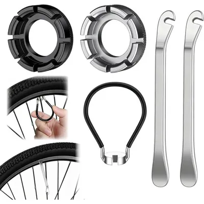 Produktbild von Set von 5 Fahrradspeichenschlüsseln – Inklusive 2 Reifenhebern und 3 Speichenschlüsseln – Wartungsset für Fahrräder