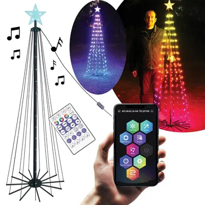 A collage showing a decorative LED Christmas tree with a remote and a smartphone app interface, as well as a man standing next to a similar tree.