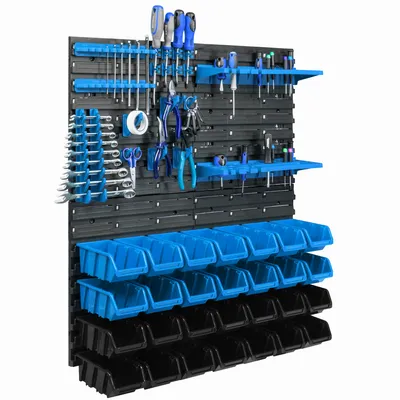 Produktbild von 28 Stapelboxen Wandregal Kunststoff 77 x 78 cm Werkzeughalter Werkstatt Garage  Lagersystem Sichtlagerkästen Schütte