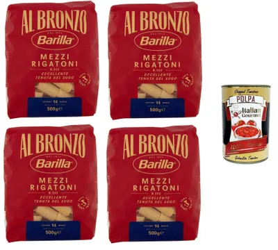 Produktbild von Al Bronzo Pasta Mezzi Rigatoni Bronze Gezogene Pasta Rohe Verarbeitungsmethode 4x 500gr + Italian Gourmet polpa 400g