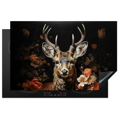 Produktbild von KitchenYeah© Herdabdeckplatte Hirsch - Tier - Blumen - Natur - Botanisch , 80x52cm, Küche Deko, Glaskeramikkochfeld Herdabdeckung, Abdeckplatte fùr Kochfeld