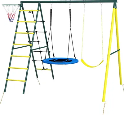 Produktbild von Kinderschaukel-Set 4 In 1 Schaukelgerüst Mit 2 Schaukeln, Basketballkorb, Kletterleiter, Stahl, Gelb, Für 3-8 Jahre