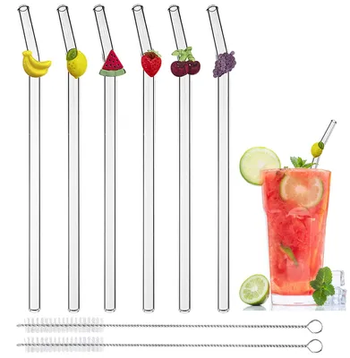 Productafbeelding van Herbruikbare glazen drinkstraws, 8 stuks met 6 fruitmotieven en 2 reinigingsborstels