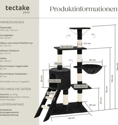 Produktbild von Kratzbaum Dominik 144 cm inklusive Treppe, 3 Spielmäusen und Kippschutz