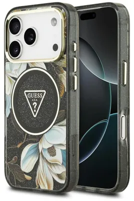 Immagine prodotto di Custodia Guess IML con glitter, motivo floreale a forma di triangolo, compatibile con Apple iPhone 18 Pro Max / 17 Pro Max, colore nero