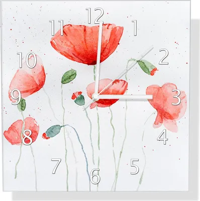 Produktbild von Wallario Design Wanduhr Mohnblumen in Aquarell aus Echtglas, Größe 30 x 30 cm
