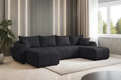 Image de AX LIVING Malatya Canapé en U avec fonction sommeil Canapé d'angle noir moderne 311cm
