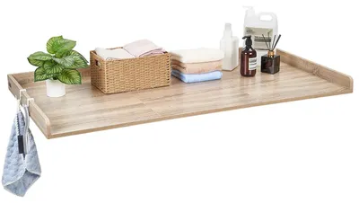 Obrázek produktu pro Průtoková pračka a sušička, deska na horní stranu, 137 x 69,9 cm. Dřevěná deska na pračku a sušičku s okrajem a 2 háčky, voděodolná deska pro organizaci a úložný prostor v prádelně, dubové dřevo